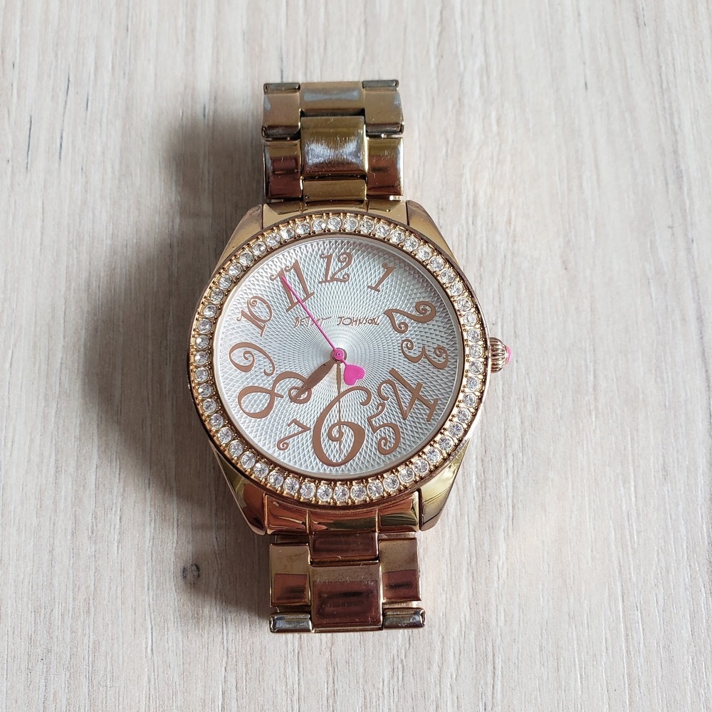 Betsey Johnson Stainless Steel Watch Rose Gold Tone Crystal Bezel Heart Hand